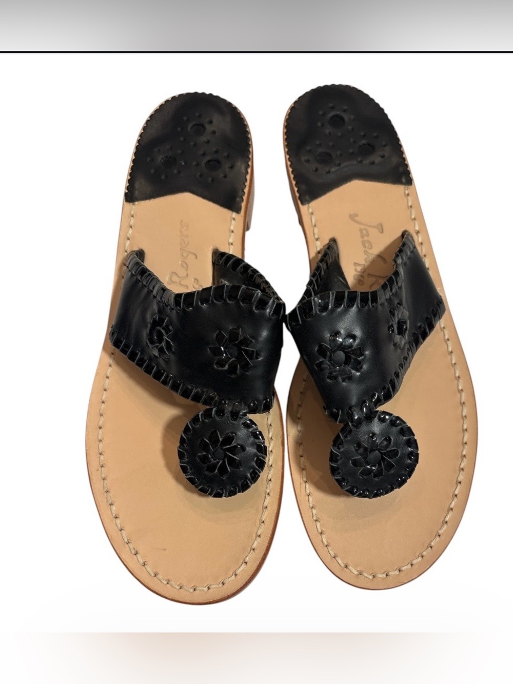 Jack Rogers Black and Tan Leather Scroll-Toe Sandals